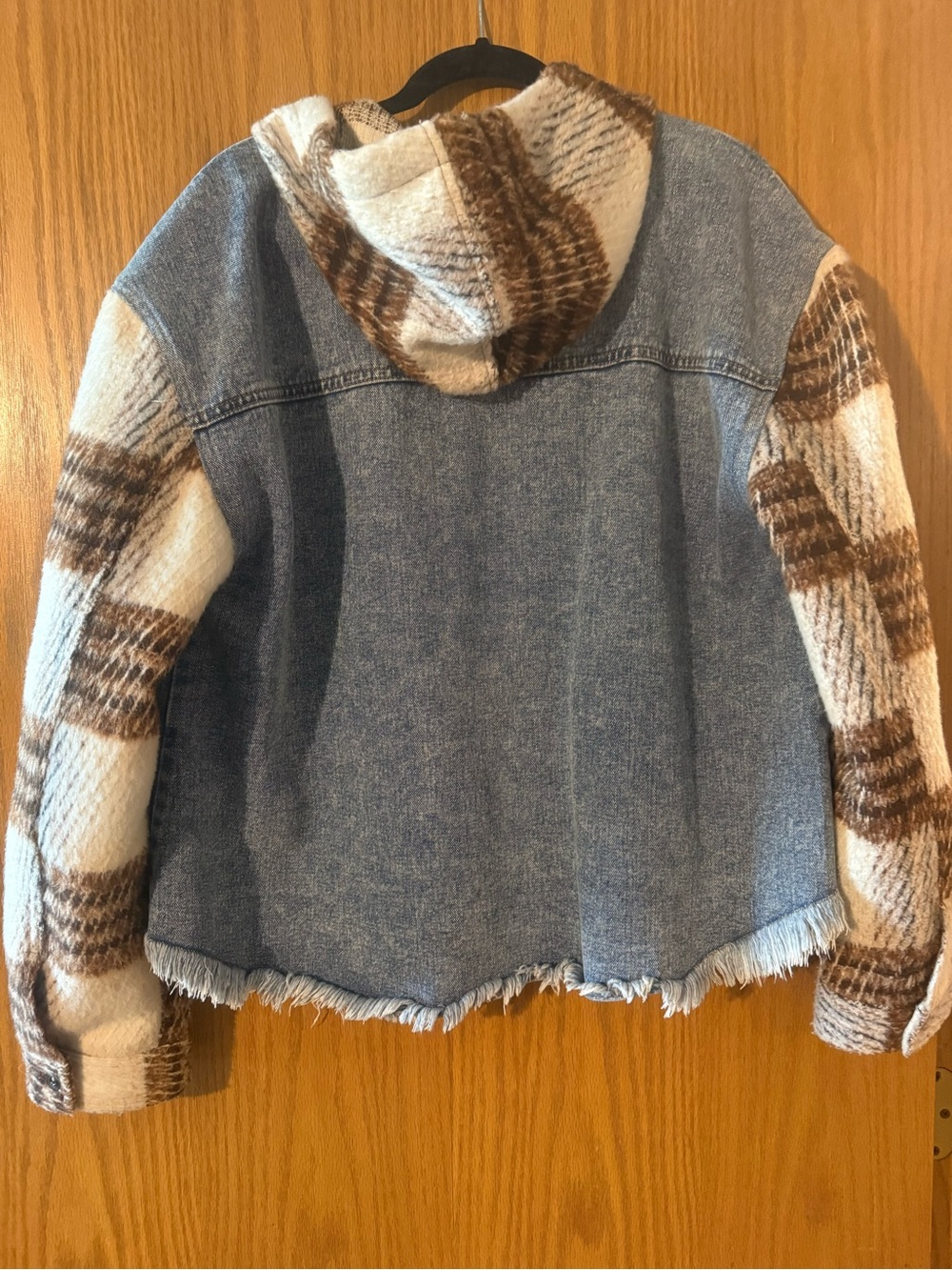 Denim Hooded Jacket with Plaid Knit Sleeves - Blue and Brown - Picture 2 of 2